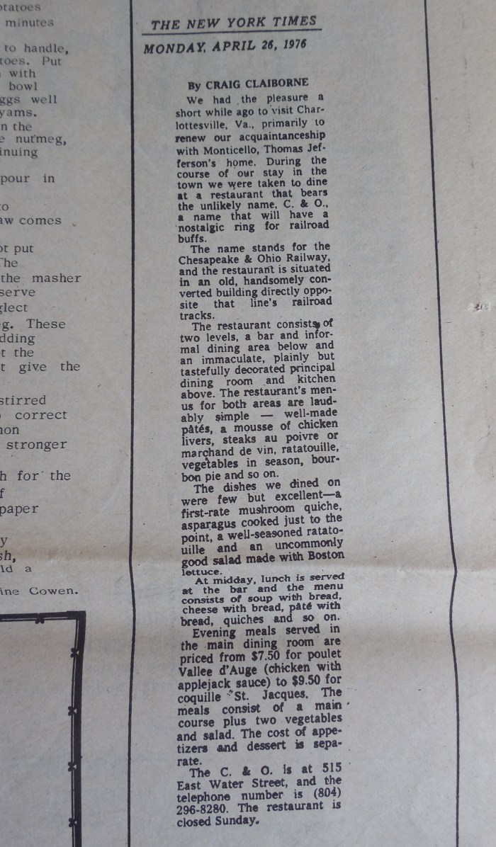 Original NYT review of the C&O by Craig Claiborne, which they used as an ad.