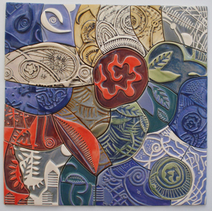 At McGuffey Art Center: Scott Supraner, “Journey to Mars”, stoneware clay and glaze, 28 x 28″